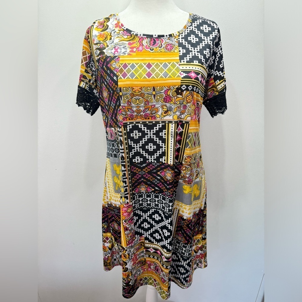 Patchwork Dress Boho Print Lace Trim Short Sleeve Manhattan Blues Size Medium